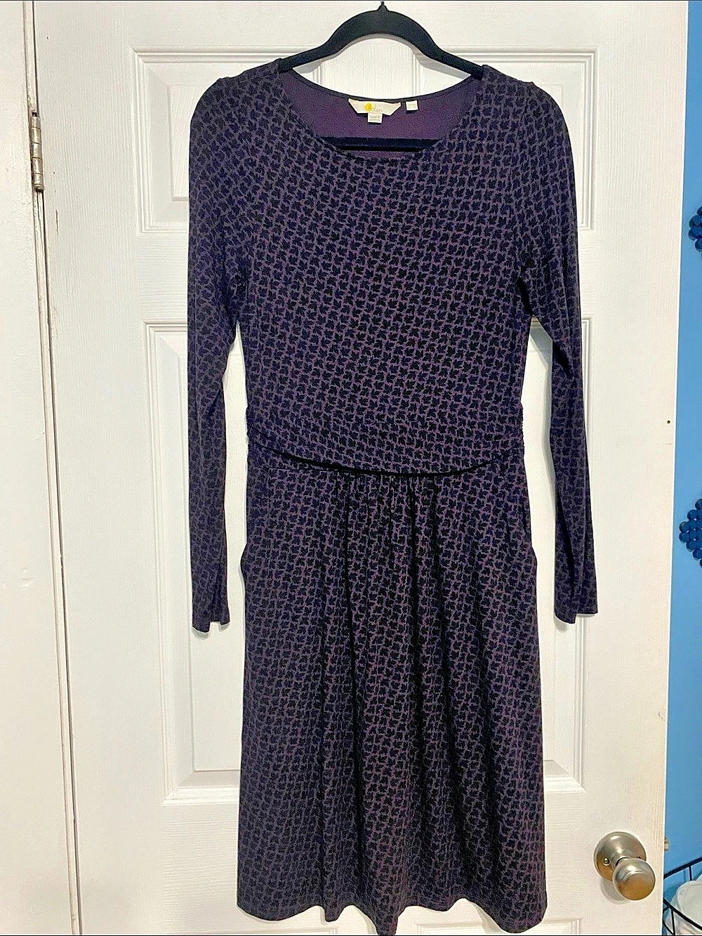 Boden Long Sleeve Midi Dress in Purple & Black Size 6